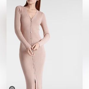 NWT Express Ribbed Jewel Button Front Midi Sweater Dress pink blush mauve Small